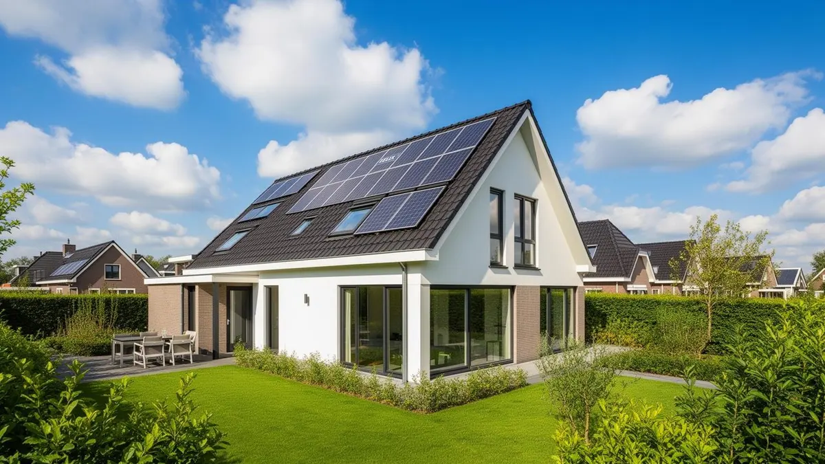 Een vrijstaande woning met zonnepanelen op het dak en een groene tuin